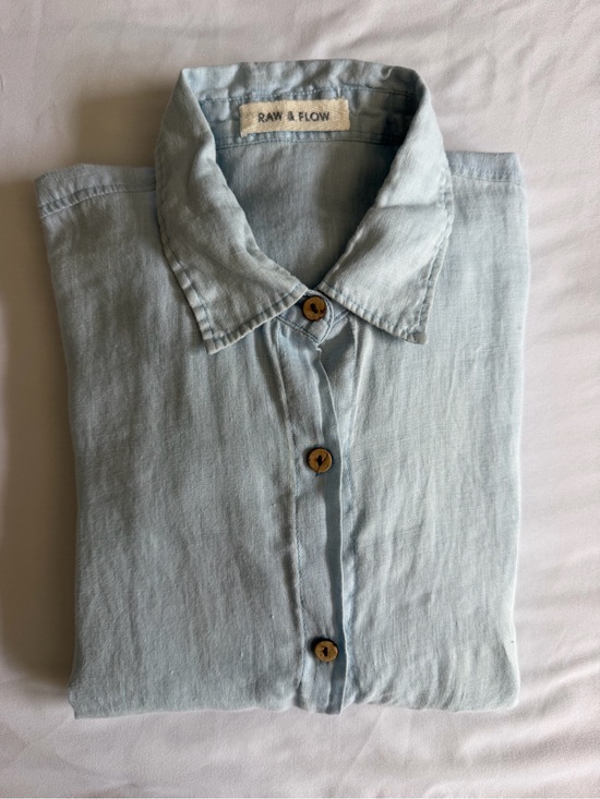 Raw + Flow Tops - Raw + Flow Handmade 100% Linen Blue Balloon Sleeve Long Sleeve Button Down Shirt